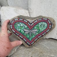 Dragonfly Green Mosaic Heart Garden Stone  