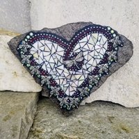 Iridescent Cream Mosaic Heart Garden Stone w/Butterflies 