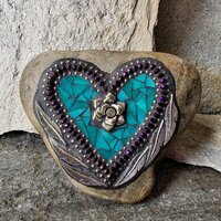 Turquoise Heart Mosaic Garden Stone w/Feathers