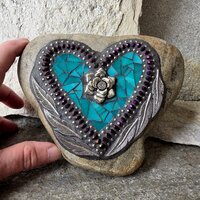 Turquoise Heart Mosaic Garden Stone w/Feathers