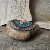 Turquoise Heart Mosaic Garden Stone w/Feathers