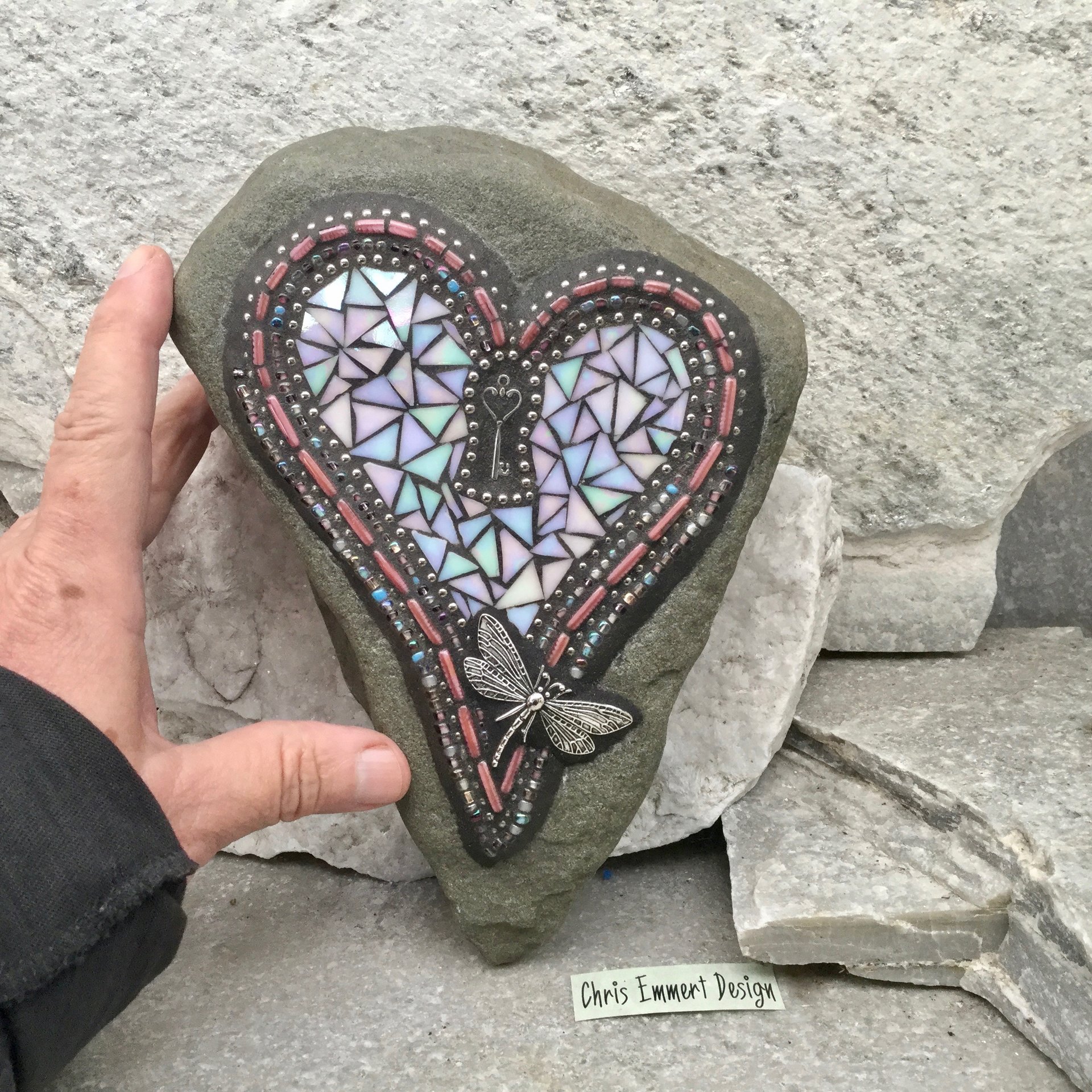 Dragonfly Iridescent Lavender/White Heart with Key, Garden Stone, Mosaic, Garden Decor