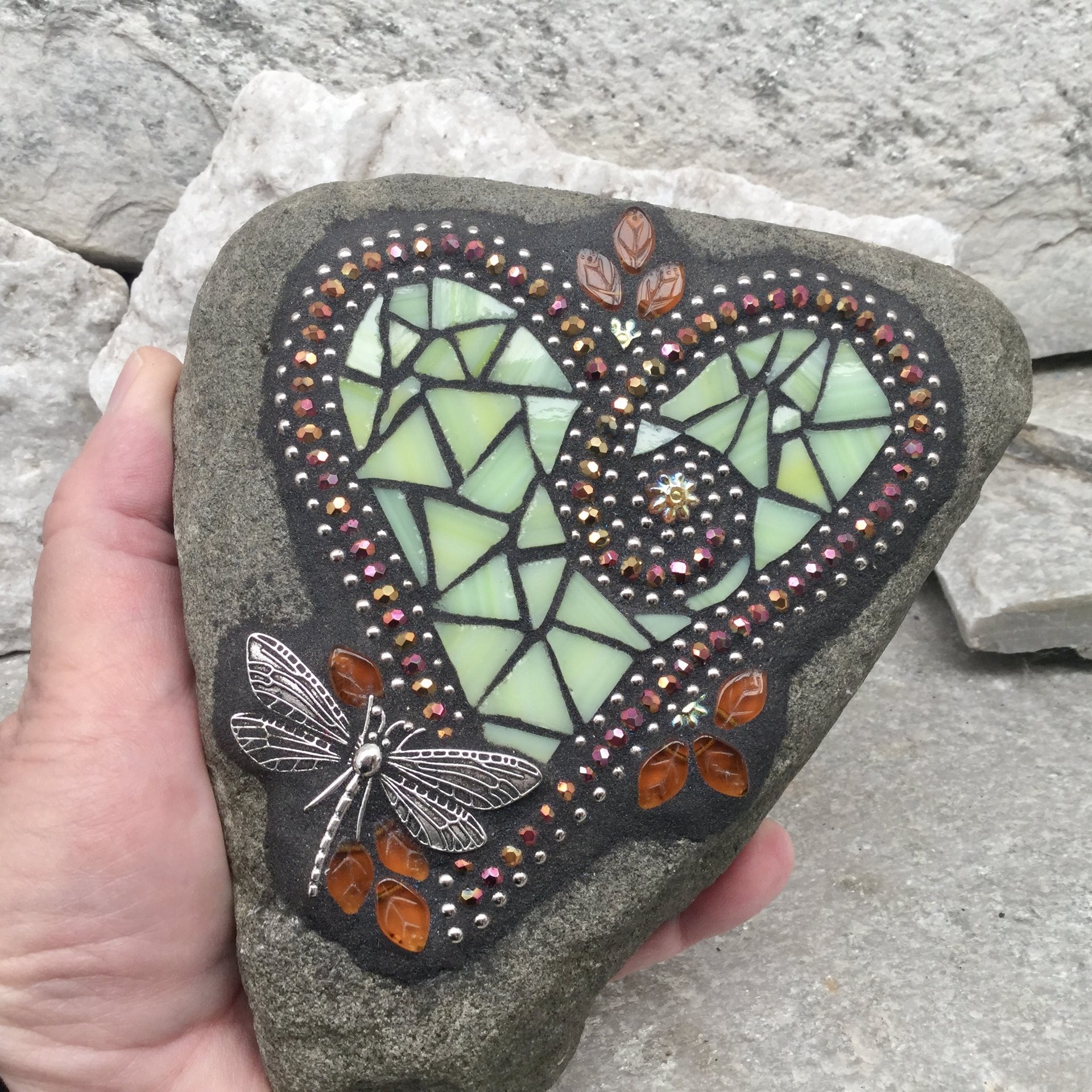 Pale Green Heart Garden Stone, Mosaic, Garden Decor