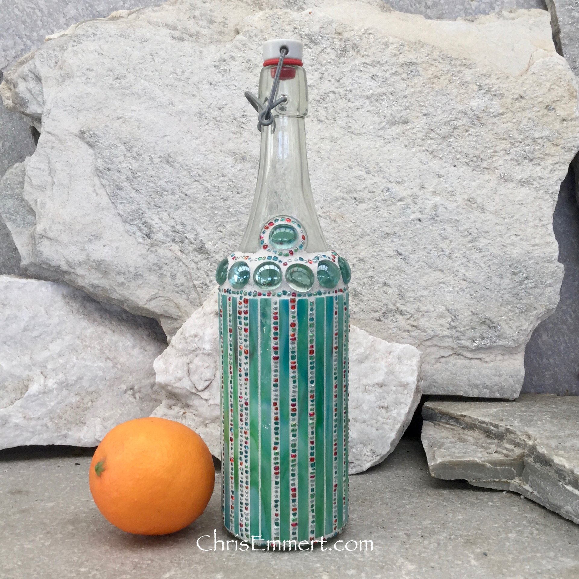 Mosaic Bottle. (2) Up-cycled Decanter, for Cooking Sherry, Olive Oil, Vinegar, Housewarming Gift,
