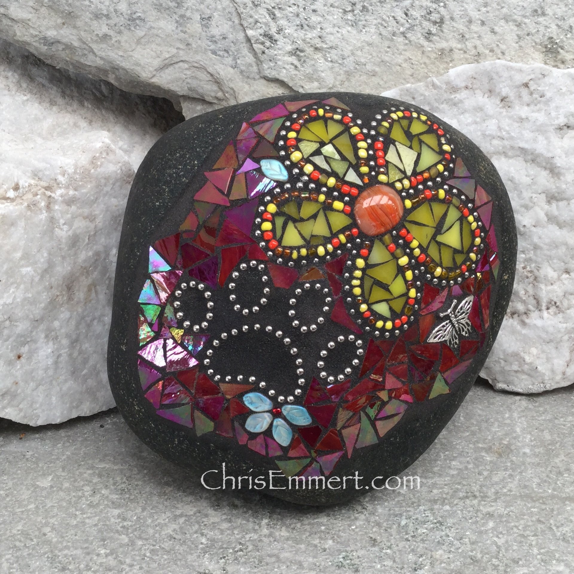 Yellow Flower w/Red, Black Paw Print - Garden Stone, Pet Memorial, Garden Decor'