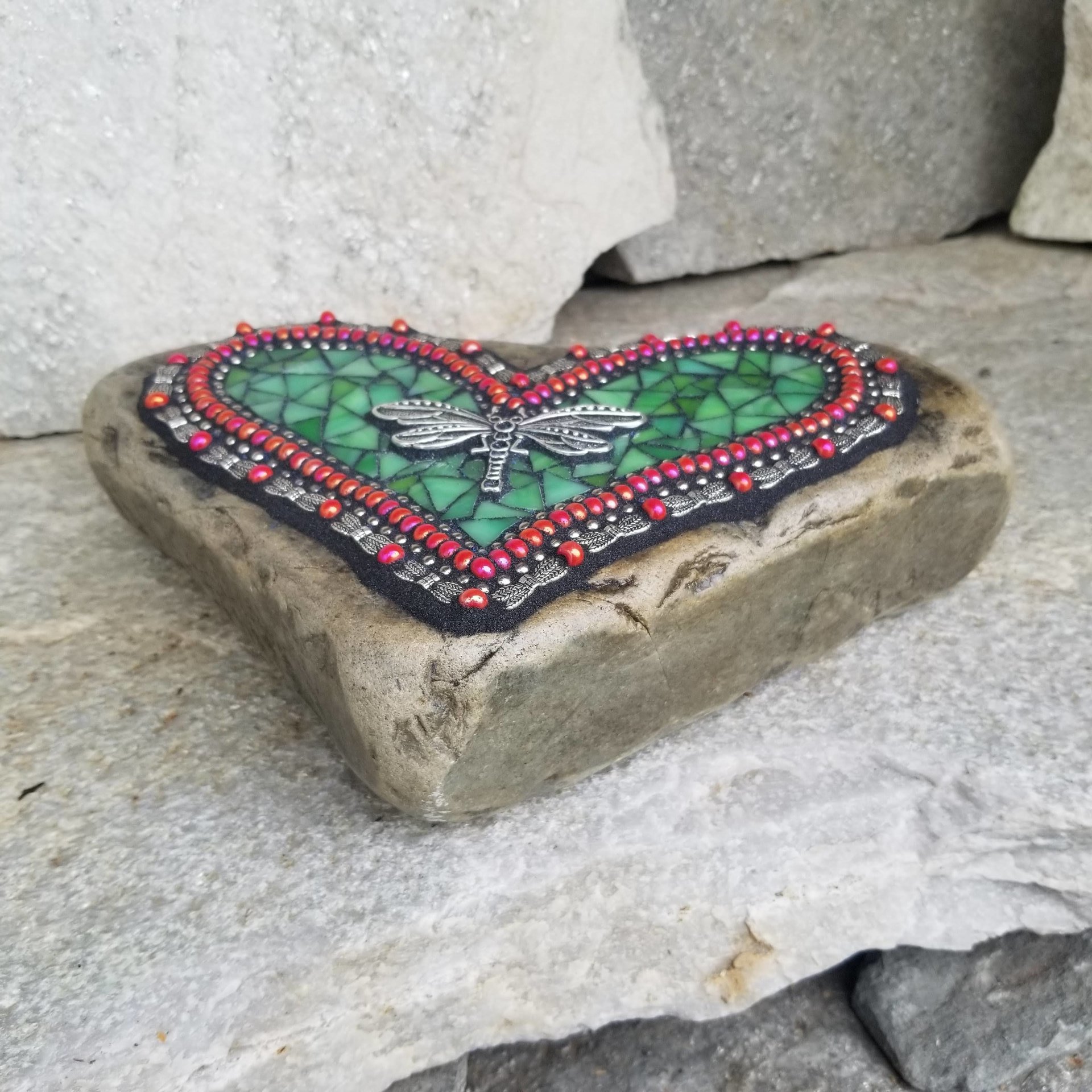 Dragonfly Green Mosaic Heart Garden Stone  