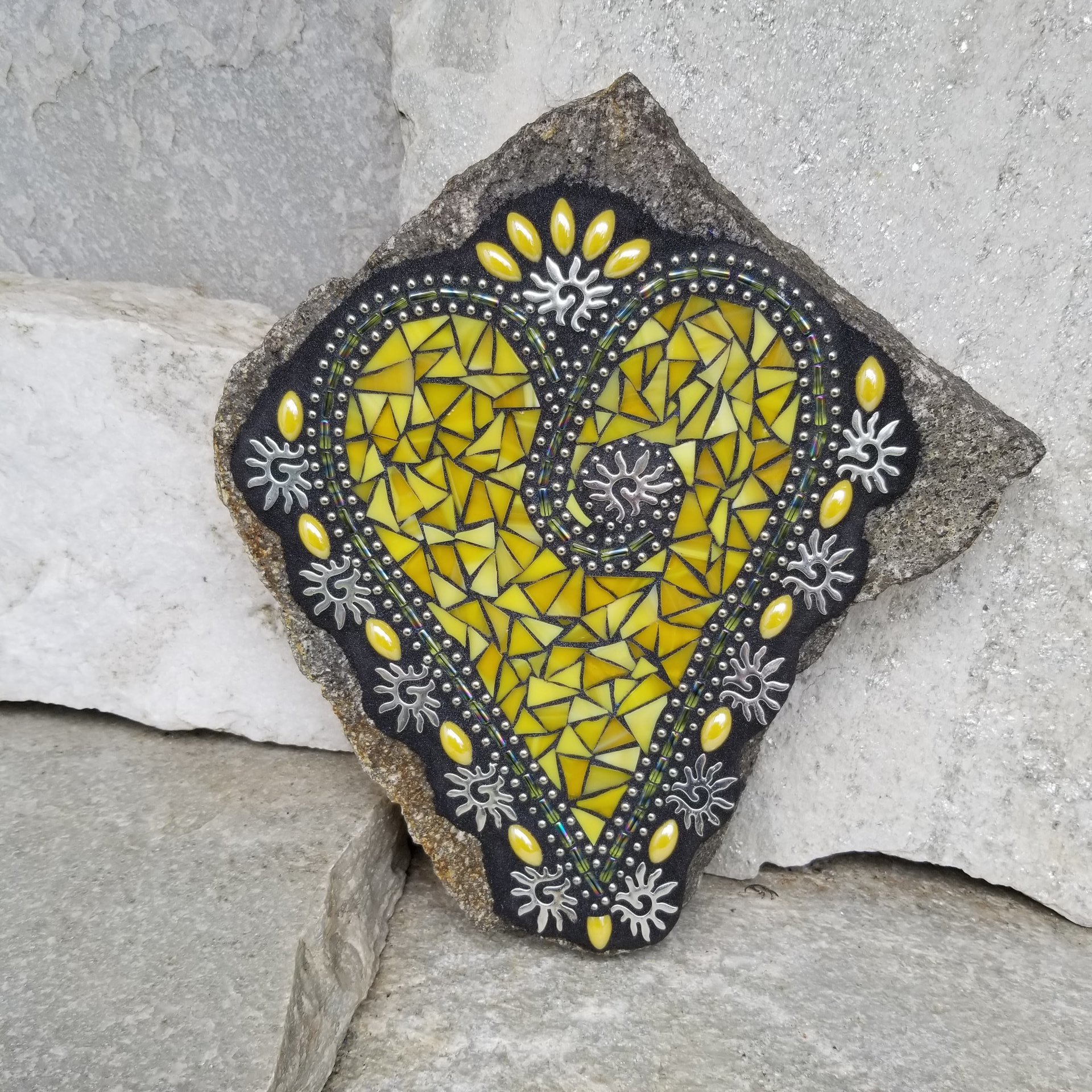 Sun Yellow Mosaic Heart Garden Stone, Mosaic Garden Decor  