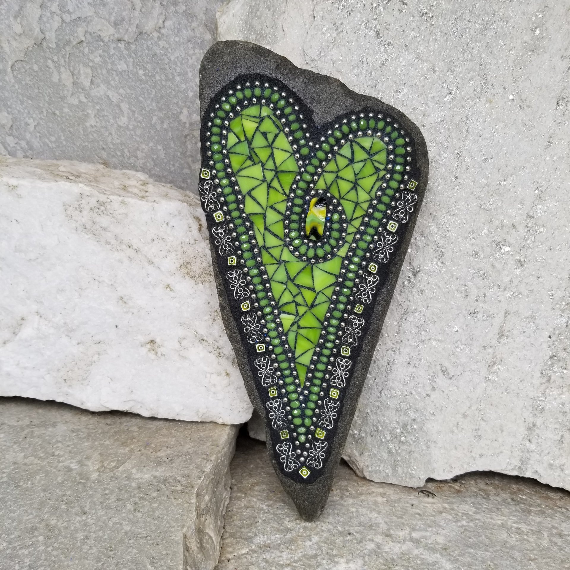  Lime Green Heart Mosaic Garden Stone