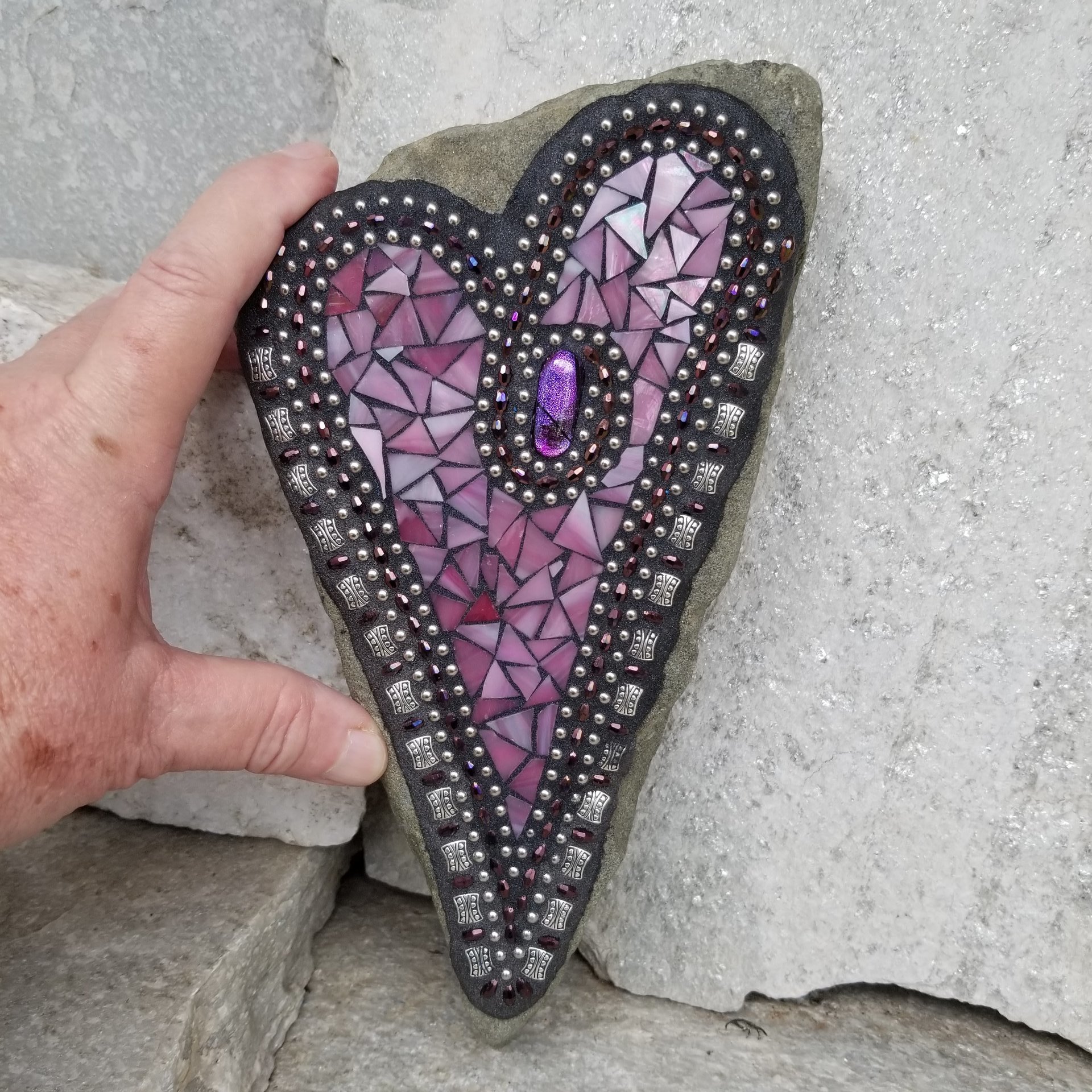  Pink Heart Mosaic Garden Stone