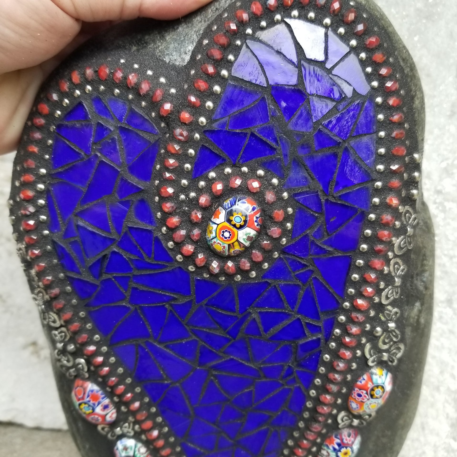  Dark Blue with Red Mosaic Heart Garden Stone  