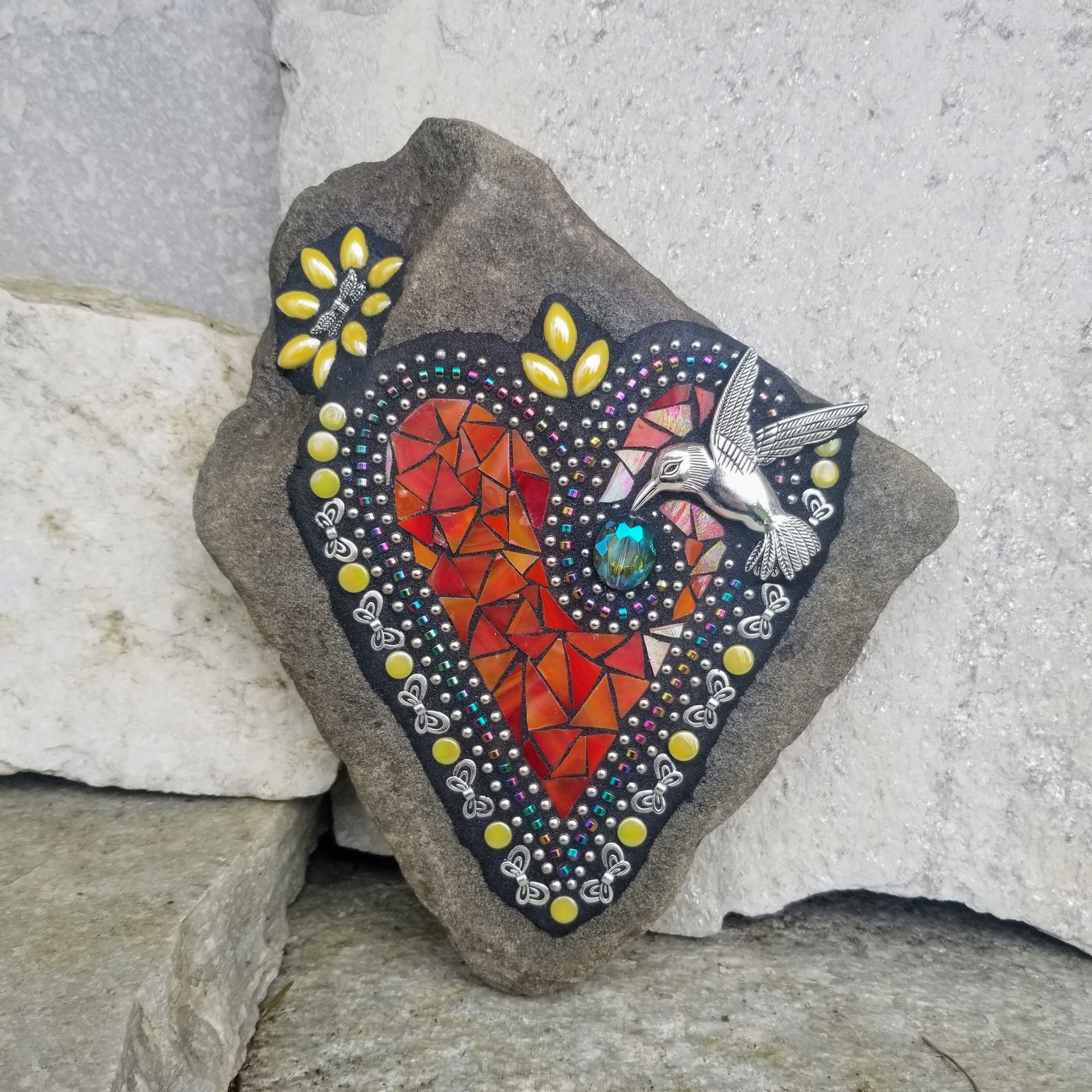 Iridescent Orange Red Mosaic Heart Garden Stone with Hummingbird