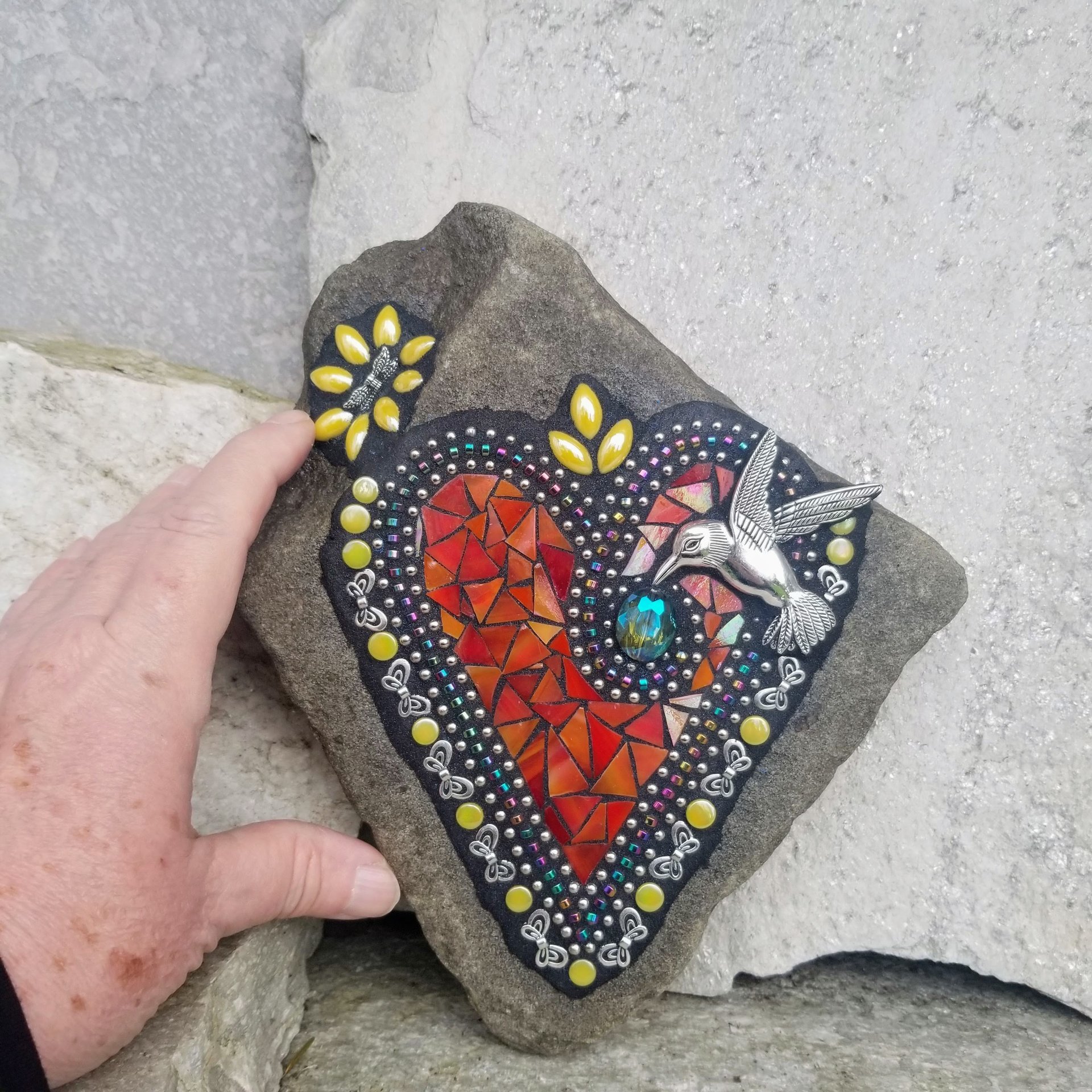 Iridescent Orange Red Mosaic Heart Garden Stone with Hummingbird
