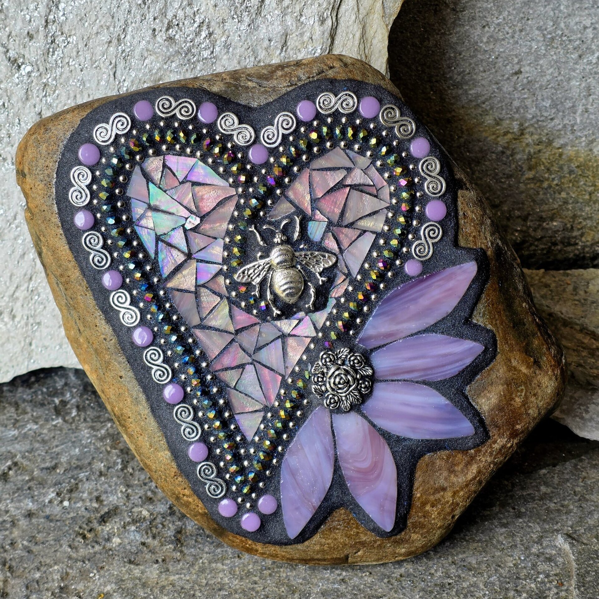 Iridescent Lavender Mosaic Heart Garden Stone 