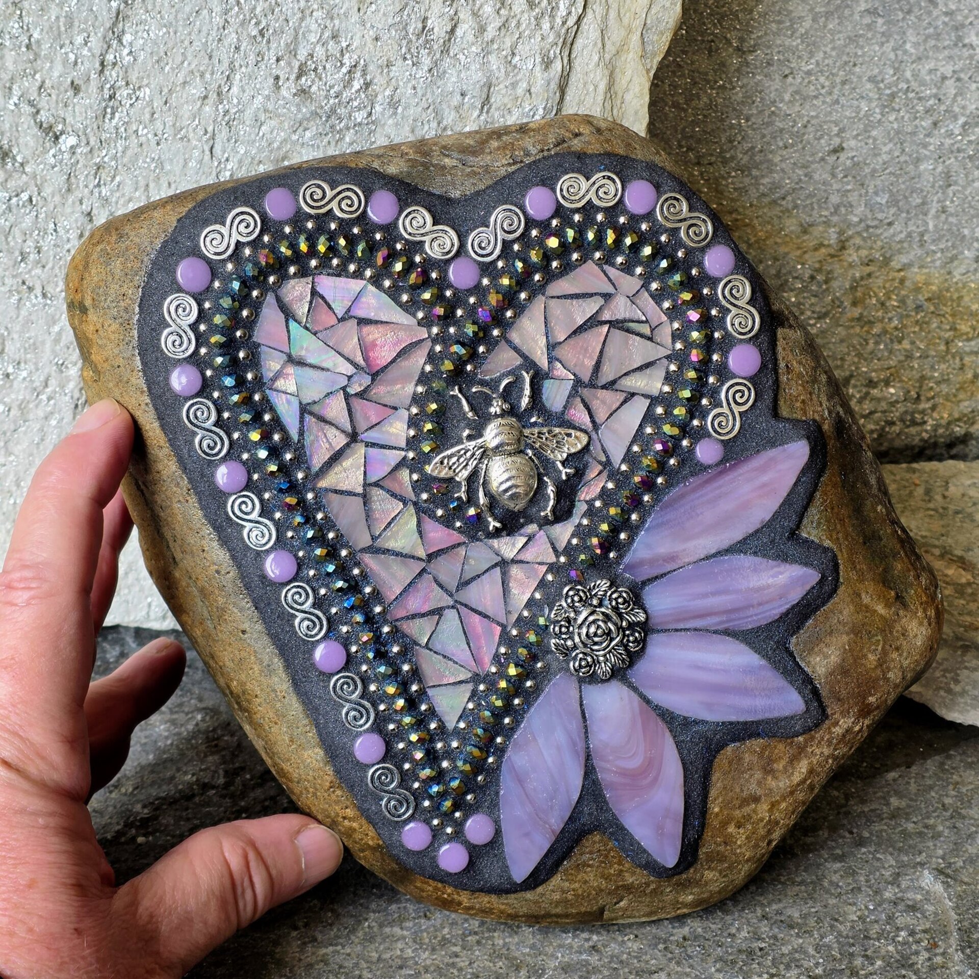 Iridescent Lavender Mosaic Heart Garden Stone 