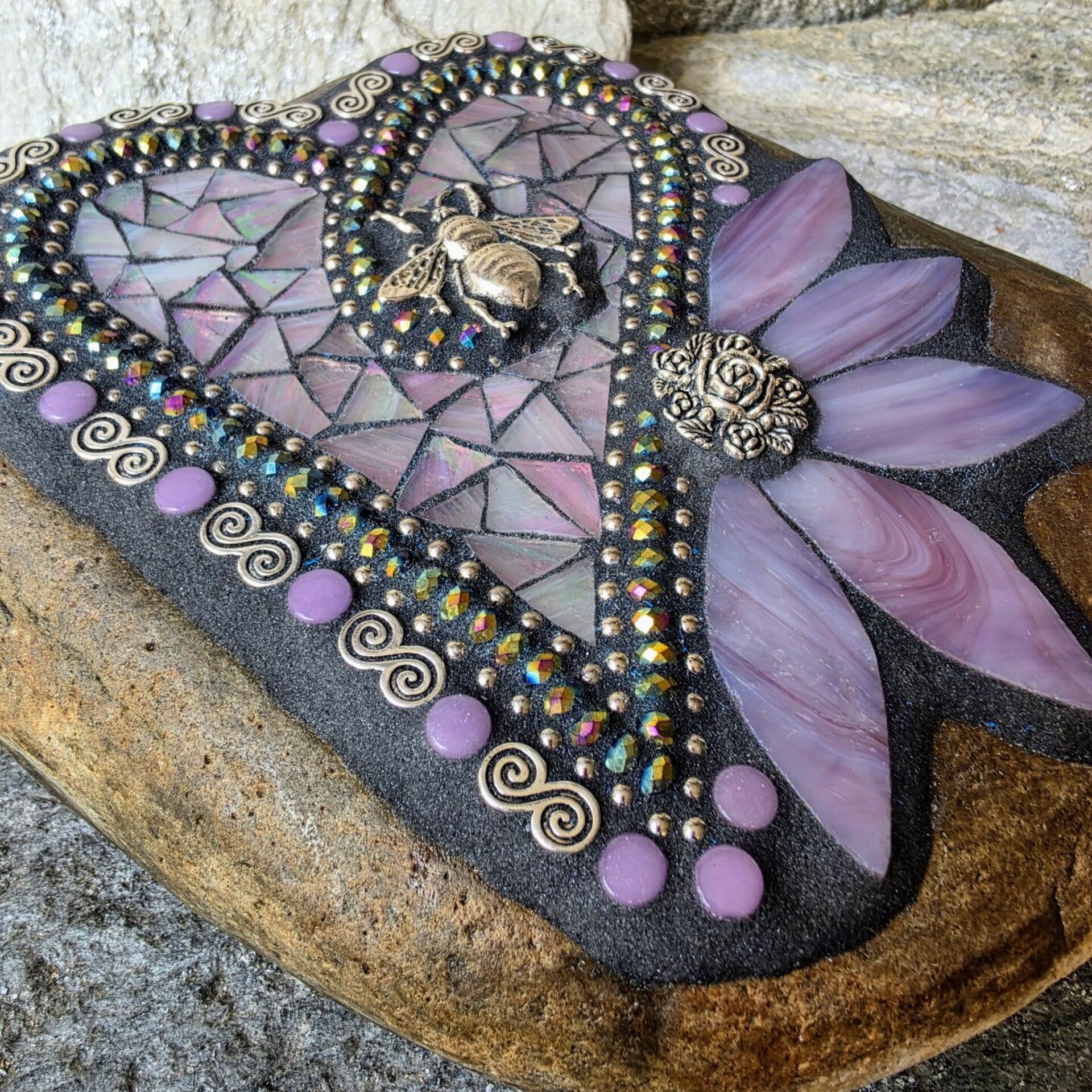 Iridescent Lavender Mosaic Heart Garden Stone 