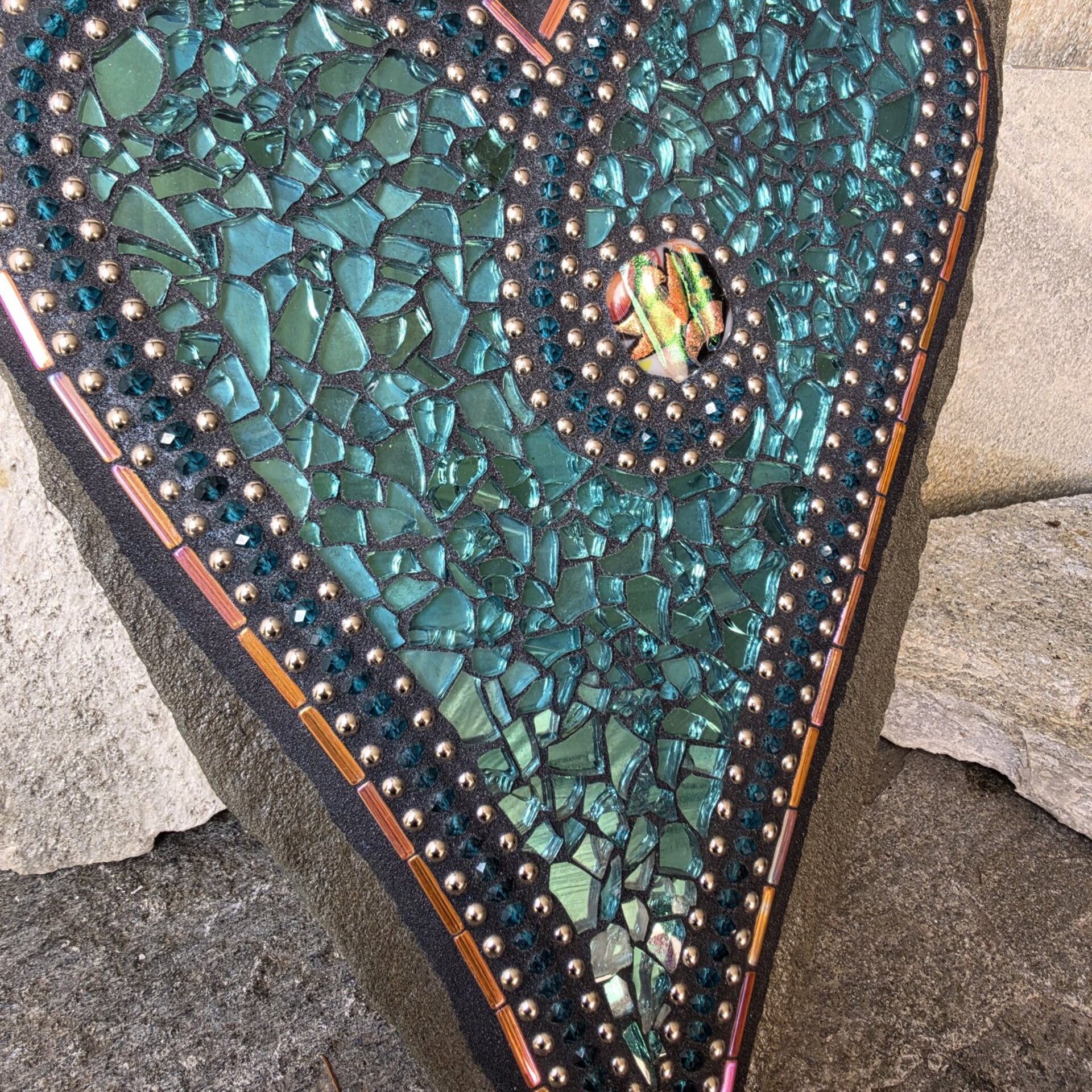 Teal Heart Mosaic Garden Stone  
