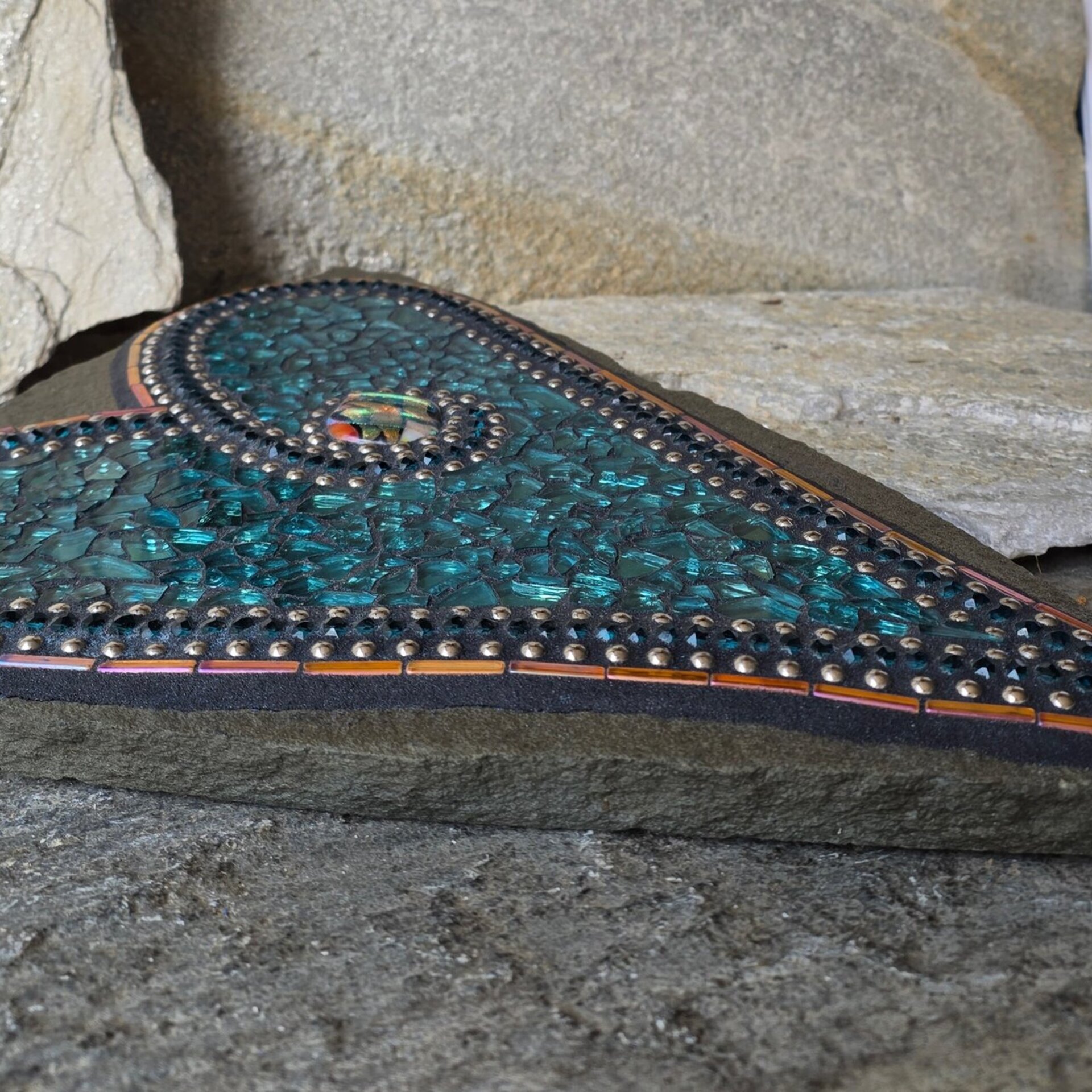 Teal Heart Mosaic Garden Stone  
