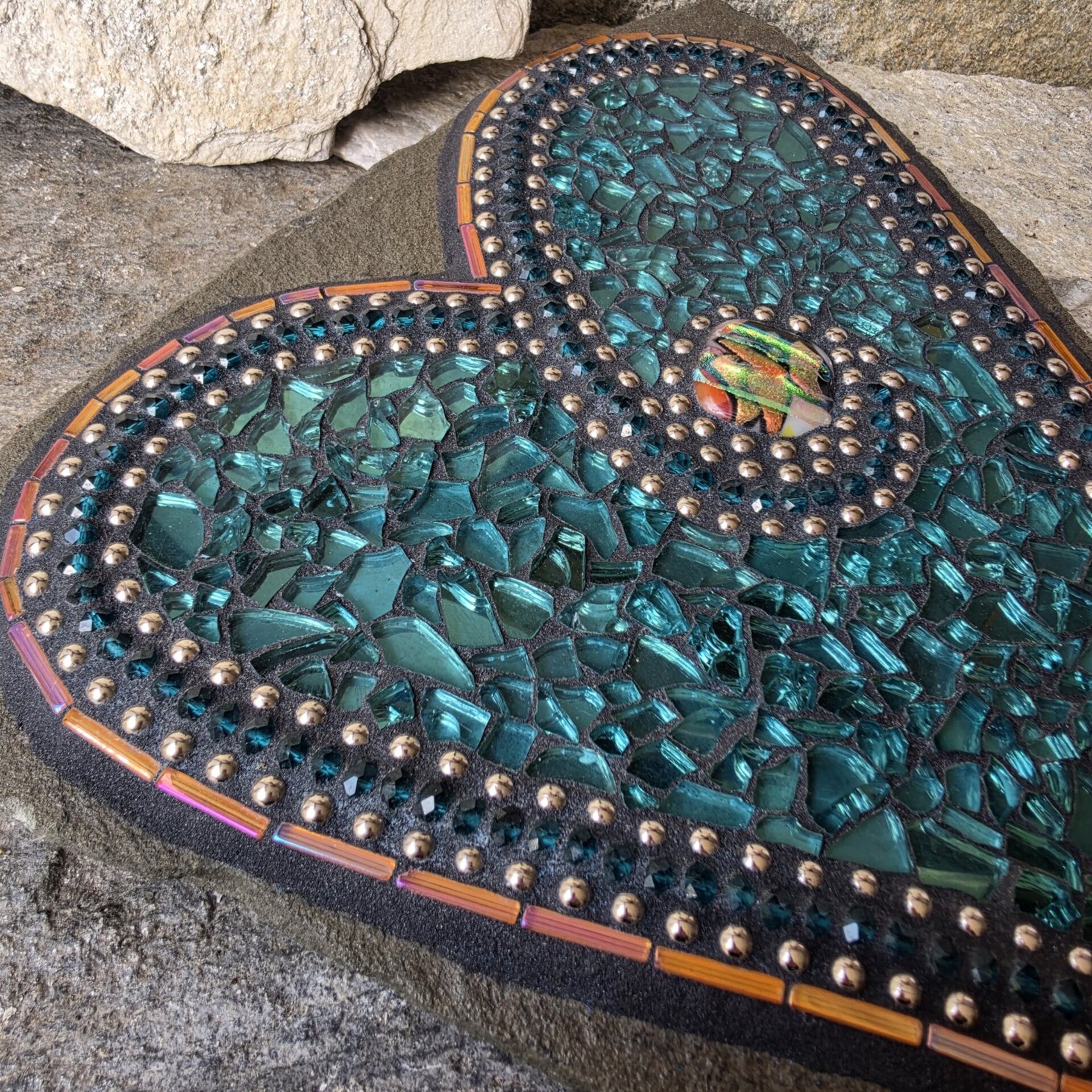 Teal Heart Mosaic Garden Stone  