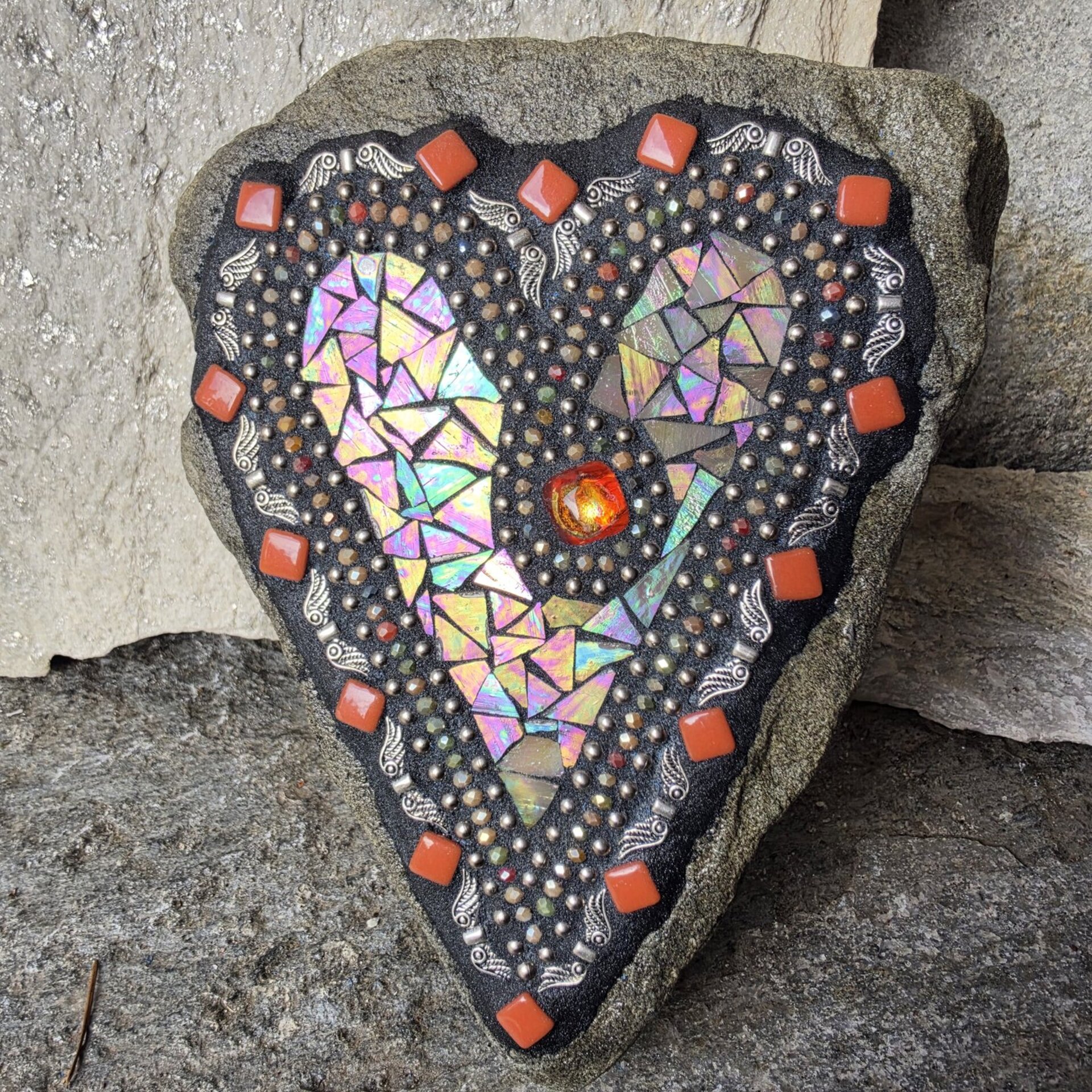 Iridescent Cream/Brown Mosaic Heart Garden Stone w/Angel Wings
