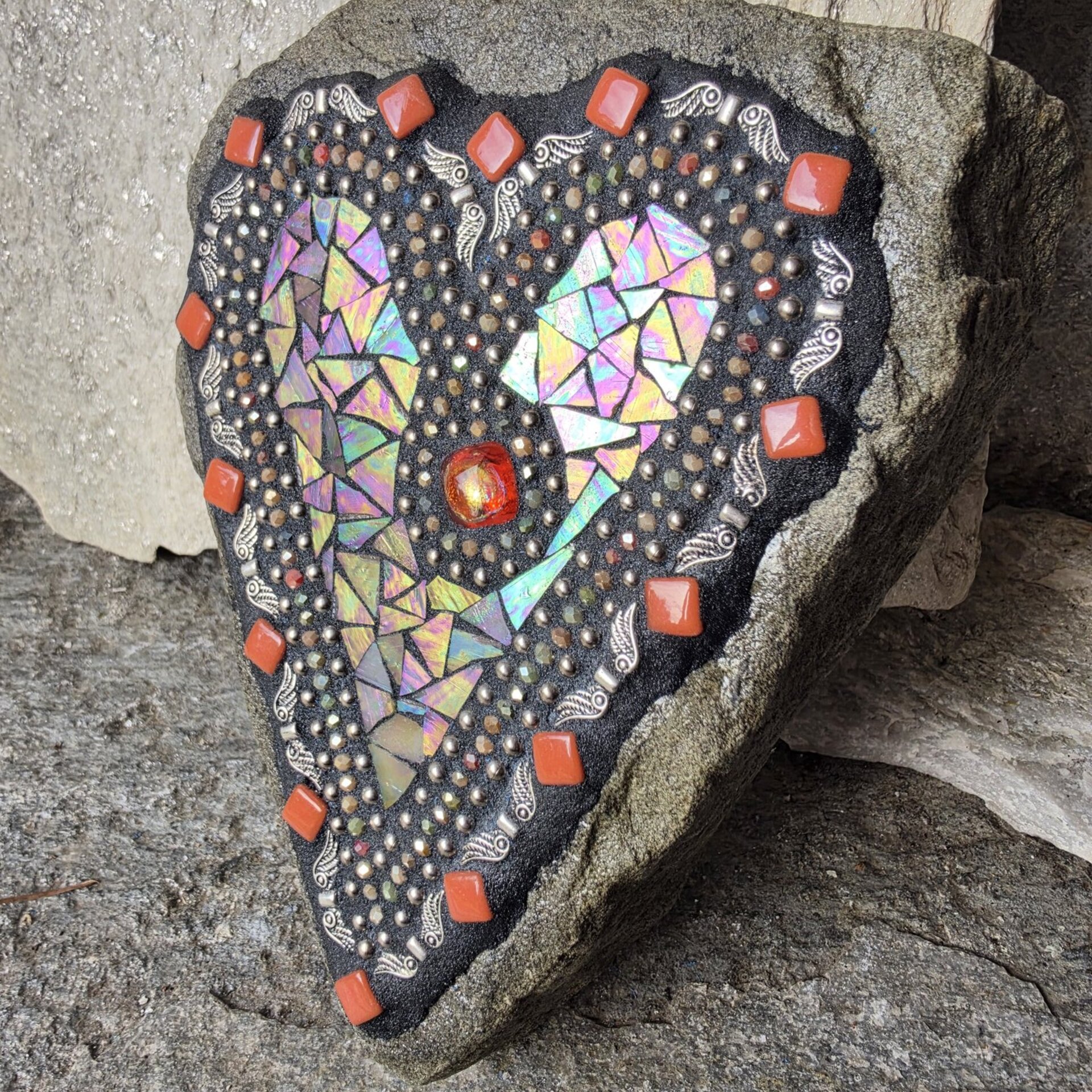 Iridescent Cream/Brown Mosaic Heart Garden Stone w/Angel Wings