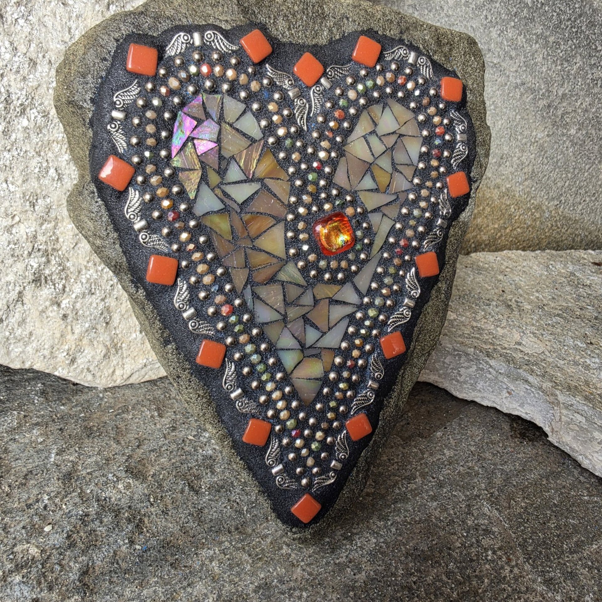 Iridescent Cream/Brown Mosaic Heart Garden Stone w/Angel Wings