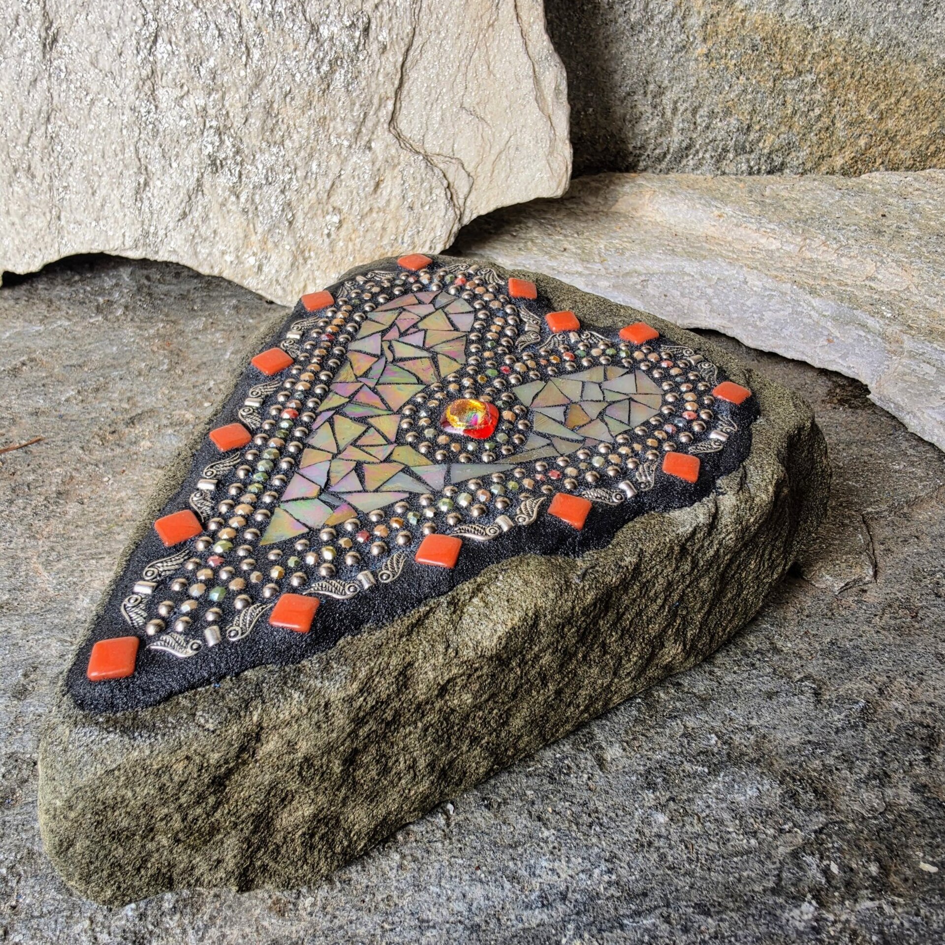 Iridescent Cream/Brown Mosaic Heart Garden Stone w/Angel Wings