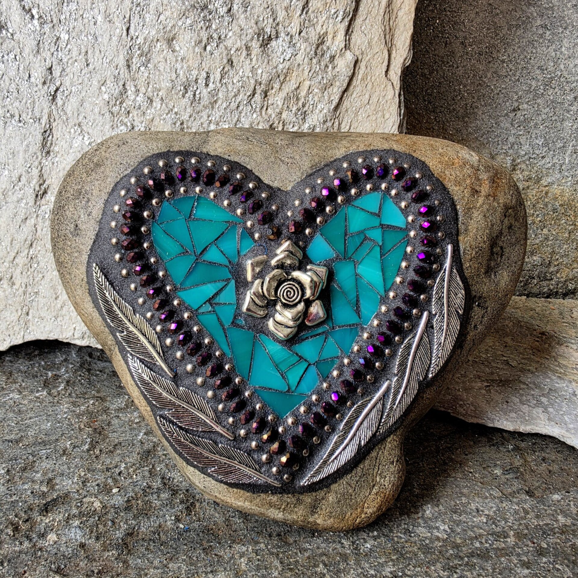 Turquoise Heart Mosaic Garden Stone w/Feathers