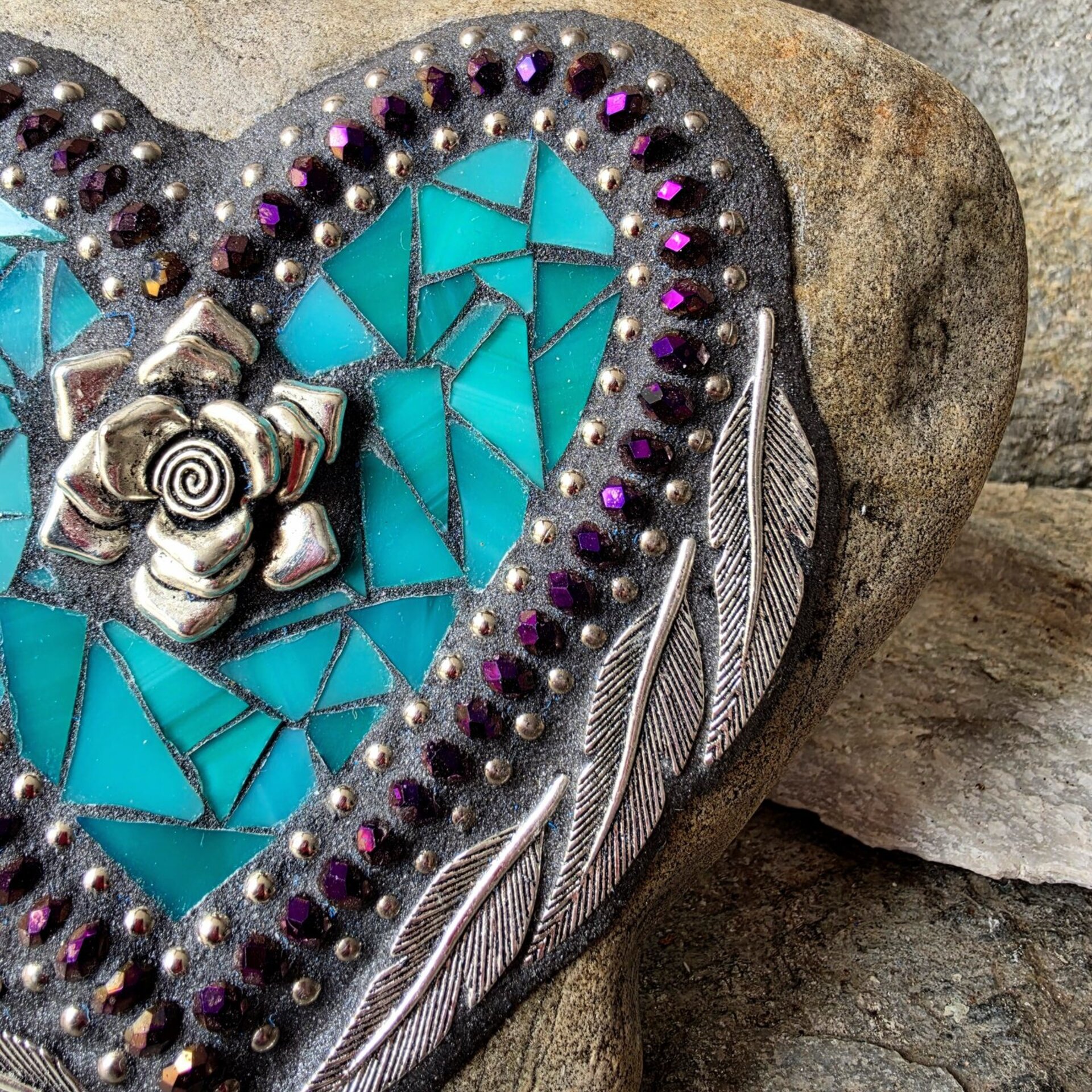 Turquoise Heart Mosaic Garden Stone w/Feathers