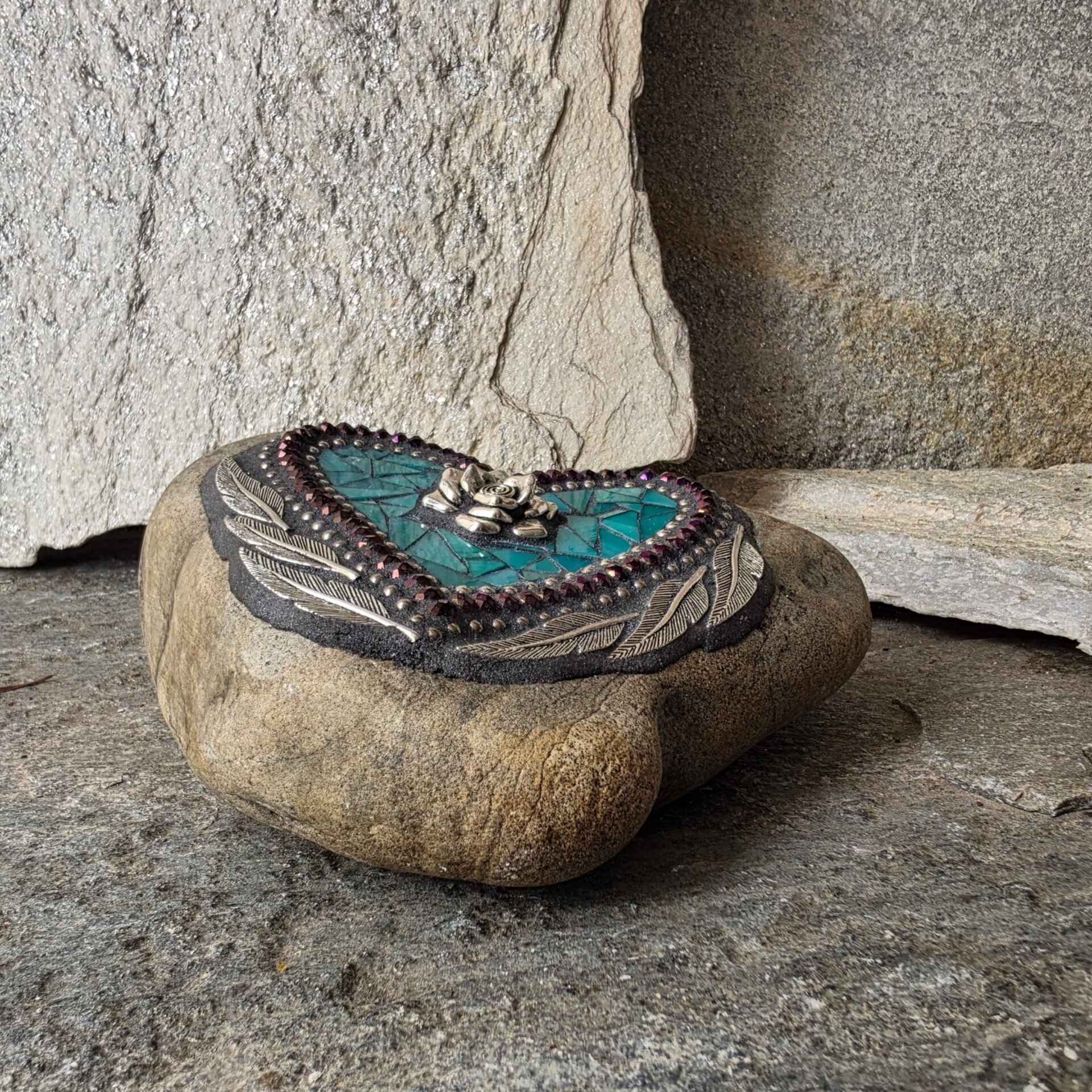 Turquoise Heart Mosaic Garden Stone w/Feathers