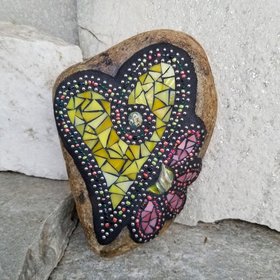 Yellow Heart w/ Pink Flower Mosaic Garden Stone