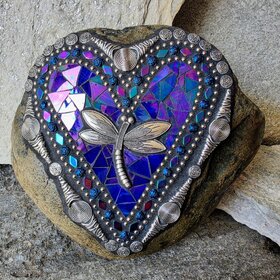 Iridescent Blue Mosaic Heart Garden Stone 