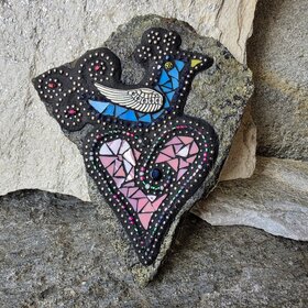 Blue Bird on a Pink Heart, Wall Hanging Mosaic Garden Stone, Porch Decor, Wall Decor