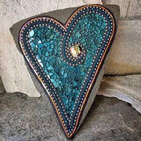 Teal Heart Mosaic Garden Stone  