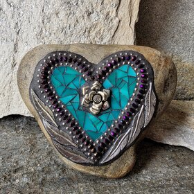 Turquoise Heart Mosaic Garden Stone w/Feathers