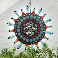 Rose Garden Wind Spinner, Teal and Red Rays, Home Decor, Garden Decor, Gardening Gift,