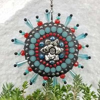 Rose Garden Wind Spinner, Teal and Red Rays, Home Decor, Garden Decor, Gardening Gift,