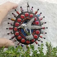 Hummingbird Mosaic Garden Wind Spinner, Red Rays, Home Decor, Garden Decor, Gardening Gift