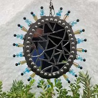 Oval Gemstone Garden Mosaic, Wind Spinner, Blue Rays, Home Decor, Garden Decor, Gardening Gift
