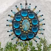 Oval Gemstone Garden Mosaic, Wind Spinner, Blue Rays, Home Decor, Garden Decor, Gardening Gift