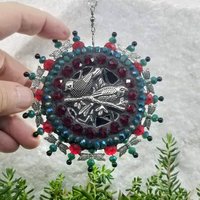 Pewter Birds Mosaic Garden Spinner, Teal /Red Rays, Home Decor, Garden Decor, Gardening Gift,