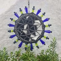 Roses Mosaic Garden Wind Spinner, Suncatcher, Blue Rays, Home Decor, Garden Decor, Gardening Gift, (A)