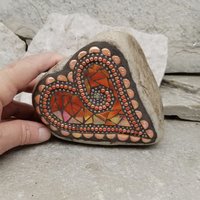 Red/Orange Mosaic Heart Garden Stone, GardnerGift, Garden Decor