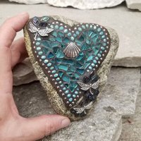 Aquamarine Mosaic Heart Garden Stone, GardnerGift, Garden Decor