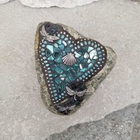 Aquamarine Mosaic Heart Garden Stone, GardnerGift, Garden Decor