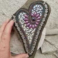 Iridescent Lavender Heart with Butterflies, Garden Stone, Mosaic, Garden Decor