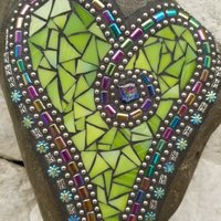 Lime Green Heart Mosaic Garden Stone,  Garden Decor