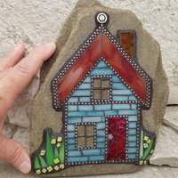 Blue House Mosaic Rock, Gardener Gift, Home Decor, Mosaic Garden Stone