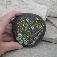 Lime Green Mirror Heart, Garden Stone, Mosaic, Garden Decor