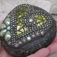 Lime Green Mirror Heart, Garden Stone, Mosaic, Garden Decor
