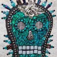 Skull in Blue Mosaic Garden Wind Spinner, Home and Garden Decor, Gardening Gift,